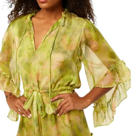 MISA Marcele Chartreuse Abstract Ruffle Midi Dress Size XS NWT - Picture 3 of 10